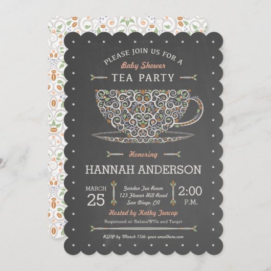 黒板レースのようティーカップベビーシャワー招待状 招待状 (正面/裏面)