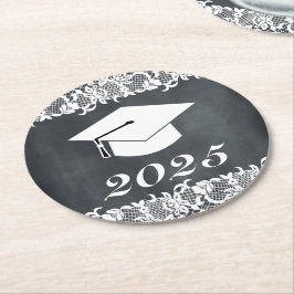 黒板レース卒業ハットラウンド紙コースター ラウンドペーパーコースター