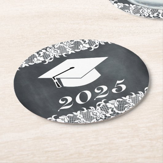 黒板レース卒業ハットラウンド紙コースター ラウンドペーパーコースター (アングル)