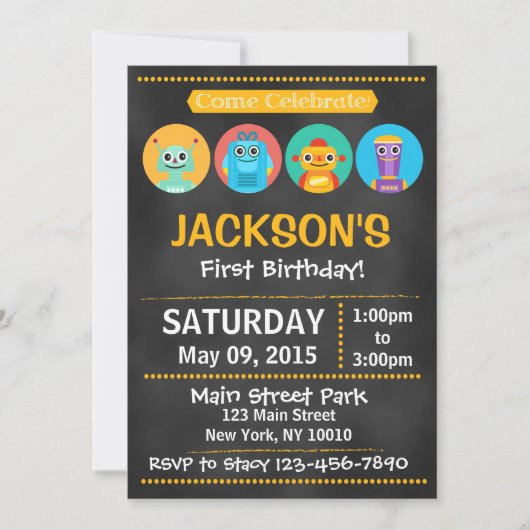 黒板ロボット誕生日パーティー招待状 招待状 (正面)