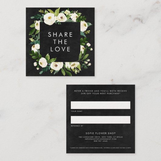 黒板ロマンチックな水色の冬のフローラフレーム 紹介カード (正面/裏面)