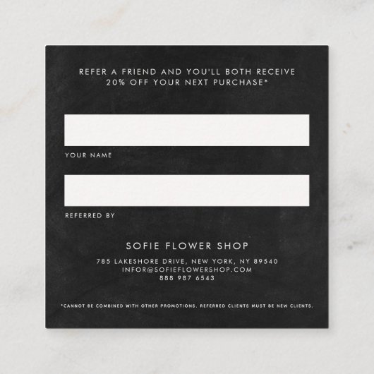 黒板ロマンチックな水色の冬のフローラフレーム 紹介カード (裏面)