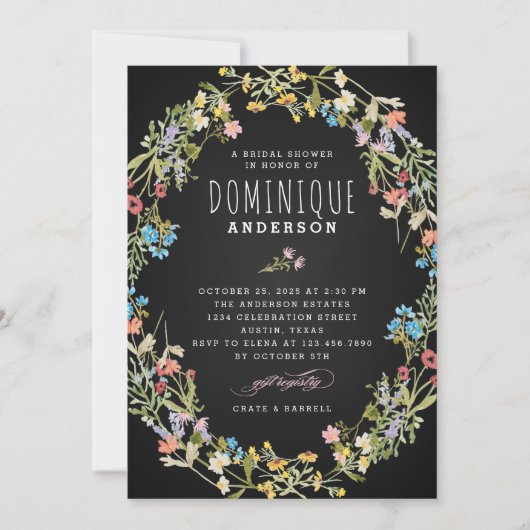 黒板ワイルドフラワーフレームブライダルシャワー 招待状 (正面)