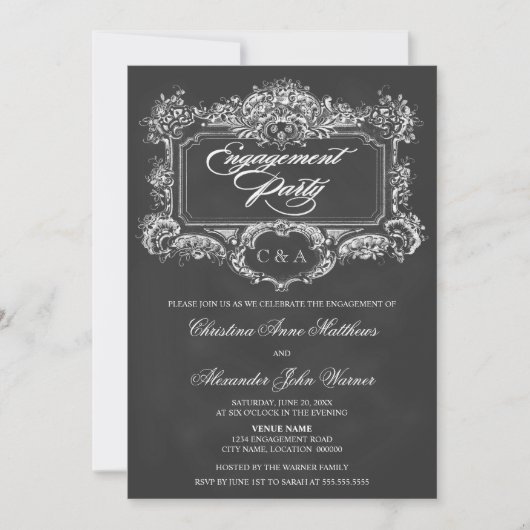 黒板ヴィンテージオーナメント婚約パーティ 招待状 (正面)