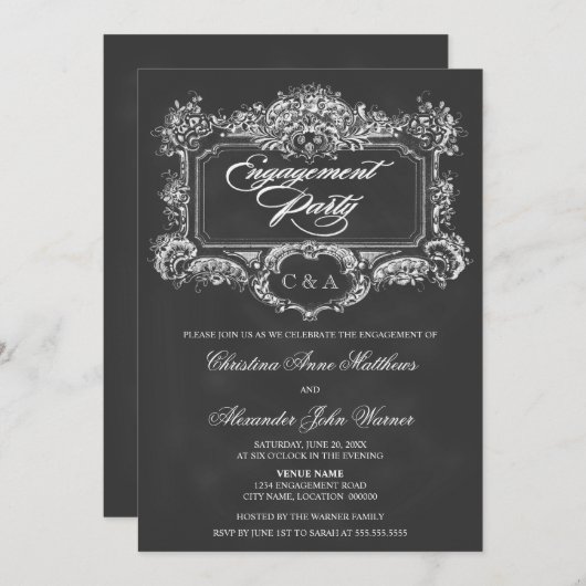 黒板ヴィンテージオーナメント婚約パーティ 招待状 (正面/裏面)