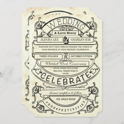 黒板ヴィンテージモダン結婚タイポグラフィ 招待状 (正面/裏面)