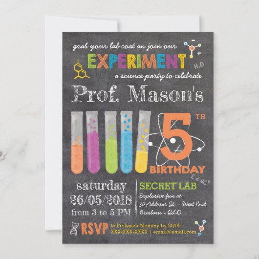 黒板不機嫌科学パーティー誕生日 招待状 (正面)