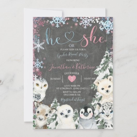 黒板動物ジェンダーが雪片を明らかにする 招待状 (正面)