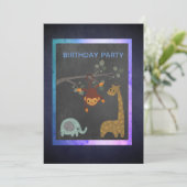 黒板動物園の動物の青い誕生日パーティー 招待状 (スタンド正面)