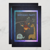黒板動物園の動物の青い誕生日パーティー 招待状 (正面/裏面)