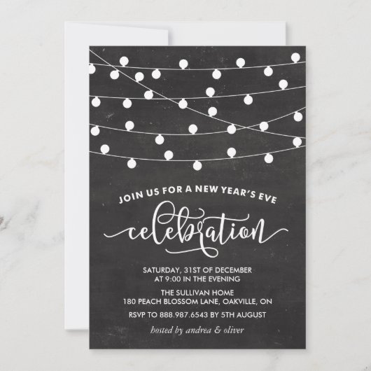 黒板大晦日のホワイトストリングライト 招待状 (正面)
