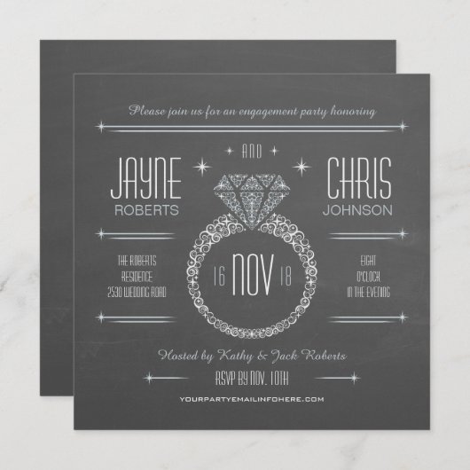 黒板婚約リングや輪パーティの招待状 招待状 (正面/裏面)