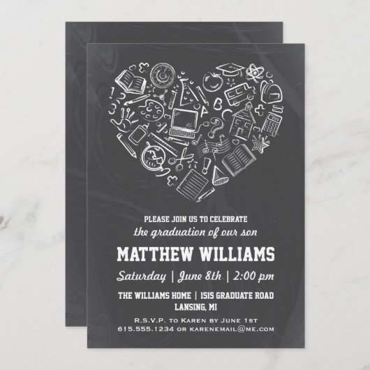 黒板学校ハート卒業招待状 招待状 (正面/裏面)