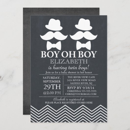 黒板小さな男の口ひげ双子ベビーシャワー 招待状 (正面/裏面)