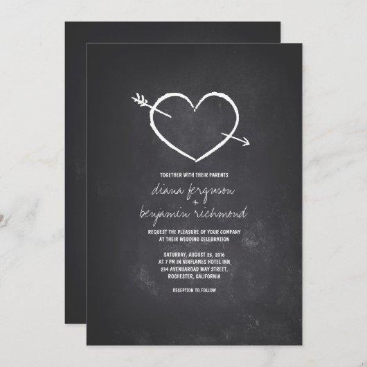 黒板愛ハート素朴結婚式招待状 招待状 (正面/裏面)