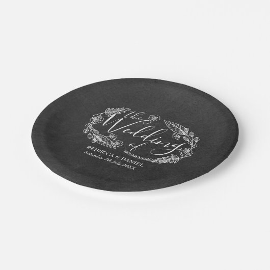 黒板手描きフローラガーランド結婚ズ ペーパープレート (アングル)