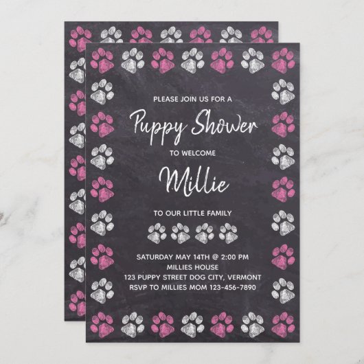 黒板新ペットピンク犬パピーシャワー 招待状 (正面/裏面)