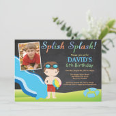 黒板水スライドのプールの誕生会の男の子 招待状 (スタンド正面)