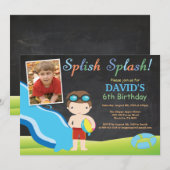 黒板水スライドのプールの誕生会の男の子 招待状 (正面/裏面)