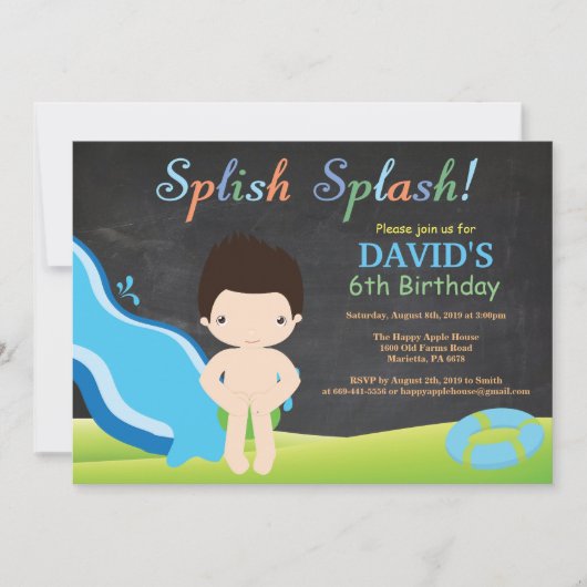 黒板水スライドのプールの誕生会 招待状 (正面)