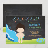 黒板水スライドのプールの誕生会 招待状 (正面/裏面)
