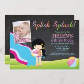 黒板水スライドのプールの誕生会 招待状 (正面/裏面)