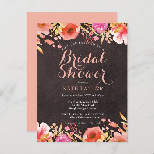 黒板水彩フローラブライダルシャワー 案内ポストカード (正面/裏面)