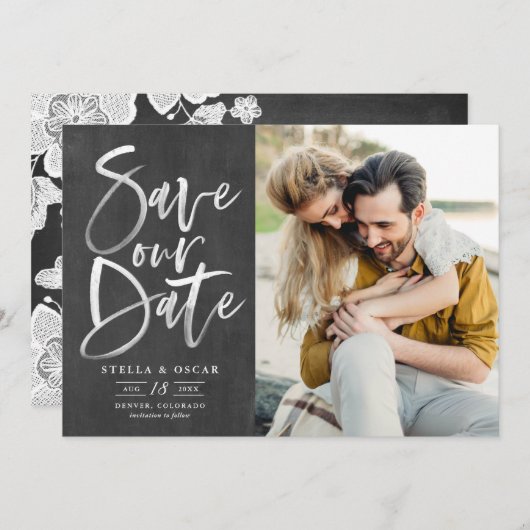 黒板水彩筆跡の写真 セーブザデート (正面/裏面)