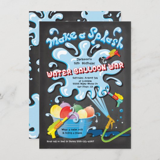 黒板水気球戦争の誕生日パーティー 招待状 (正面/裏面)