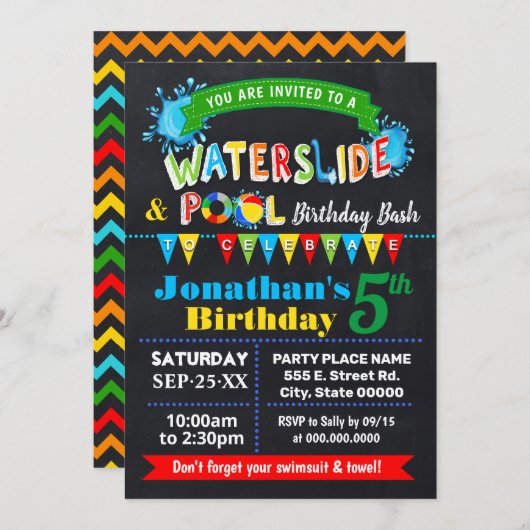 黒板水滑りプール誕生パーティー 招待状 (正面/裏面)