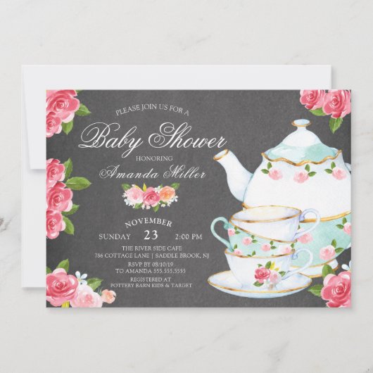 黒板水色フローラティーベイビーシャワー 招待状 (正面)