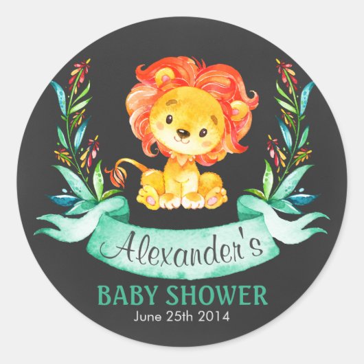 黒板水色ライオン赤ちゃんシャワー ラウンドシール (正面)