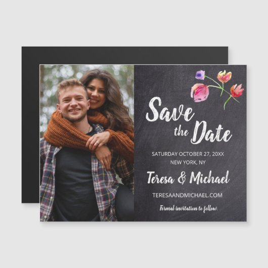 黒板水色婚約結婚写真 マグネット招待状 (正面/裏面)