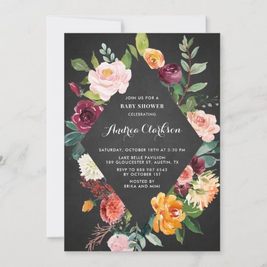 黒板水色秋の花模様赤ちゃんシャワー 招待状 (正面)