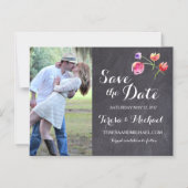 黒板水色花日付磁石を保存 マグネット招待状 (正面)