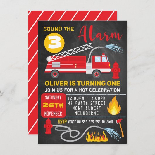 黒板火災トラック誕生日招待状 招待状 (正面/裏面)