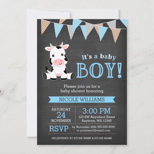 黒板牛の男の子の赤ちゃんシャワー 招待状 (正面)