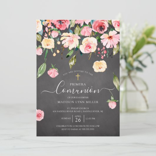 黒板牡丹フローラスペインのファーストコミュニオン 招待状 (スタンド正面)
