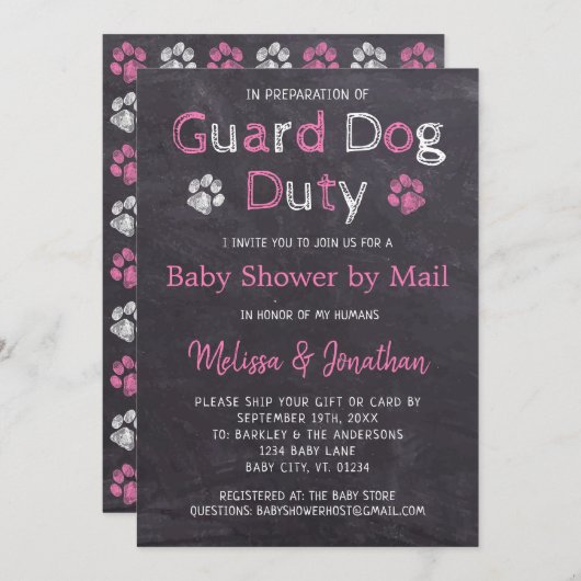 黒板犬ピンクの女の子ベビーシャワーbyメール 招待状 (正面/裏面)