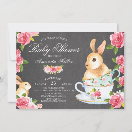 黒板甘いバニーベビーシャワーティーパーティー 招待状 (正面)