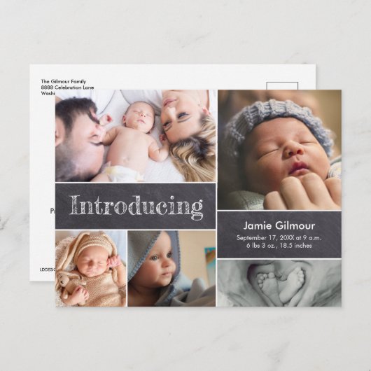 黒板紹介生まれたばかりのベビー写真コラージュ 案内ポストカード (正面/裏面)