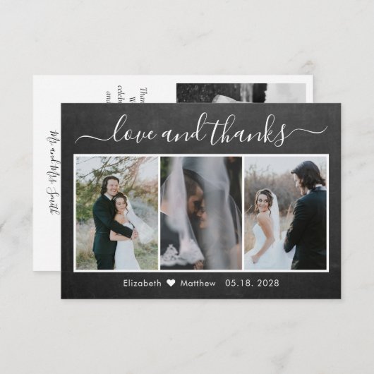 黒板結婚書道の写真コラージュ サンキューカード (正面/裏面)
