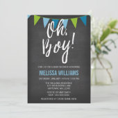 黒板緑の青い羽毛の少年用ベビーシャワー 招待状 (スタンド正面)