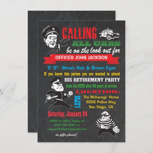 黒板警察退職パーティの招待状 招待状 (正面/裏面)
