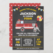 黒板赤消防士の消防車誕生日 招待状 (正面/裏面)