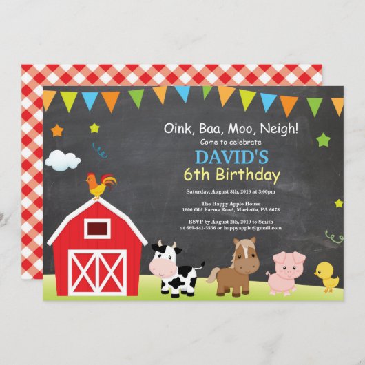 黒板農場の誕生日招待状 バーンヤードパーティー 招待状 (正面/裏面)