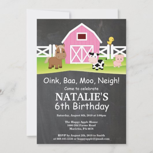 黒板農場の誕生日招待状 バーンヤードパーティー 招待状 (正面)