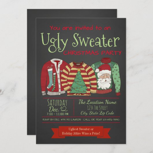 黒板醜いセータークリスマスパーティの招待状 招待状 (正面/裏面)