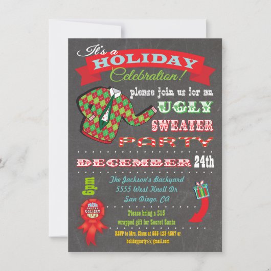 黒板醜いセータークリスマスパーティの招待状 招待状 (正面)