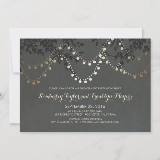 黒板金ゴールドストリングライト婚約パーティ 招待状 (正面)